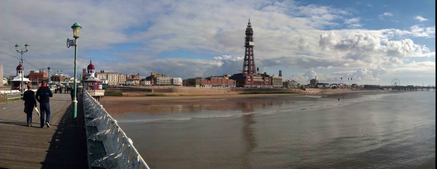 Panorama of Blackpool Seafront taken from North Pier looking toward Blackpool tower and central Pier